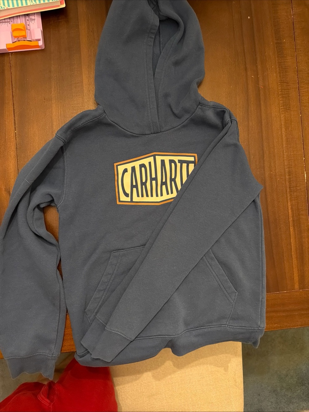 Carhartt Boys Medium 10-12 Navy Blue Fleece Pullover Hoodie Logo Sweatshirt
